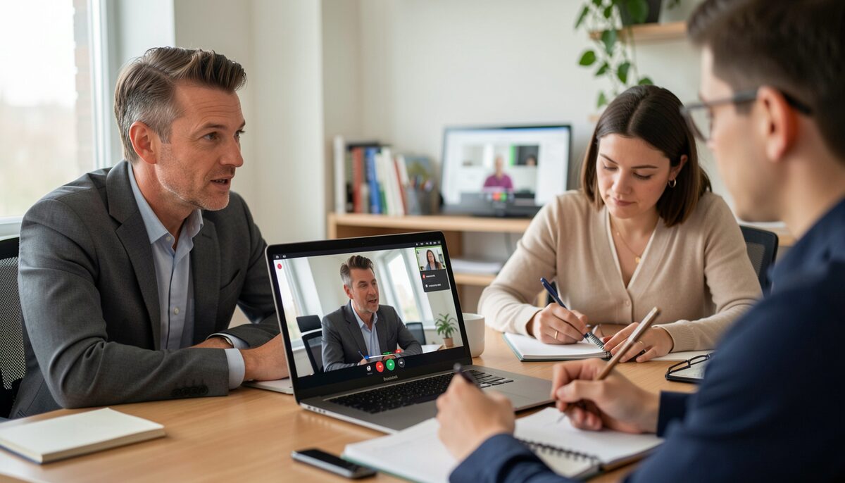 A manager speaking to a video call on a laptop while two colleagues in the office take notes.