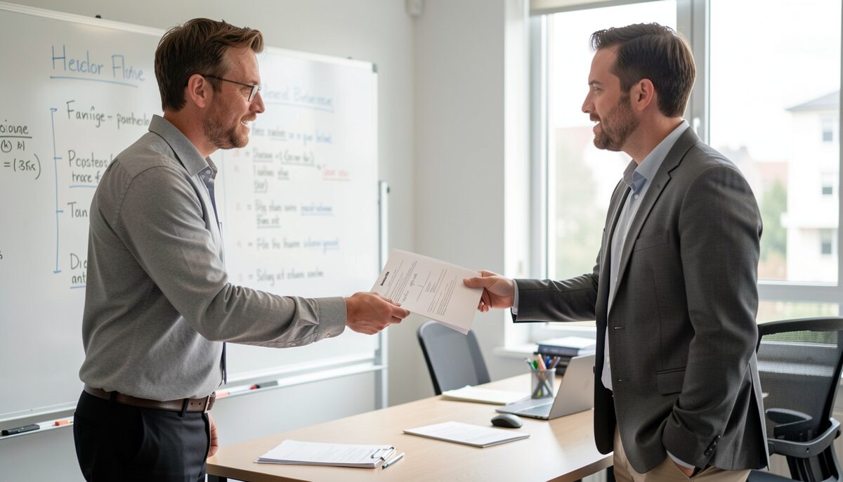 A team leader handing a folder to a colleague while explaining a project plan at a standing desk.