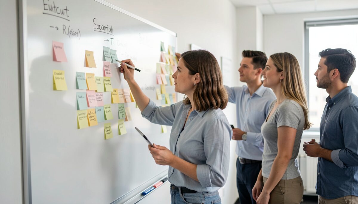 A team facilitator writing categories on a whiteboard while colleagues place sticky notes on a wall, natural office light.