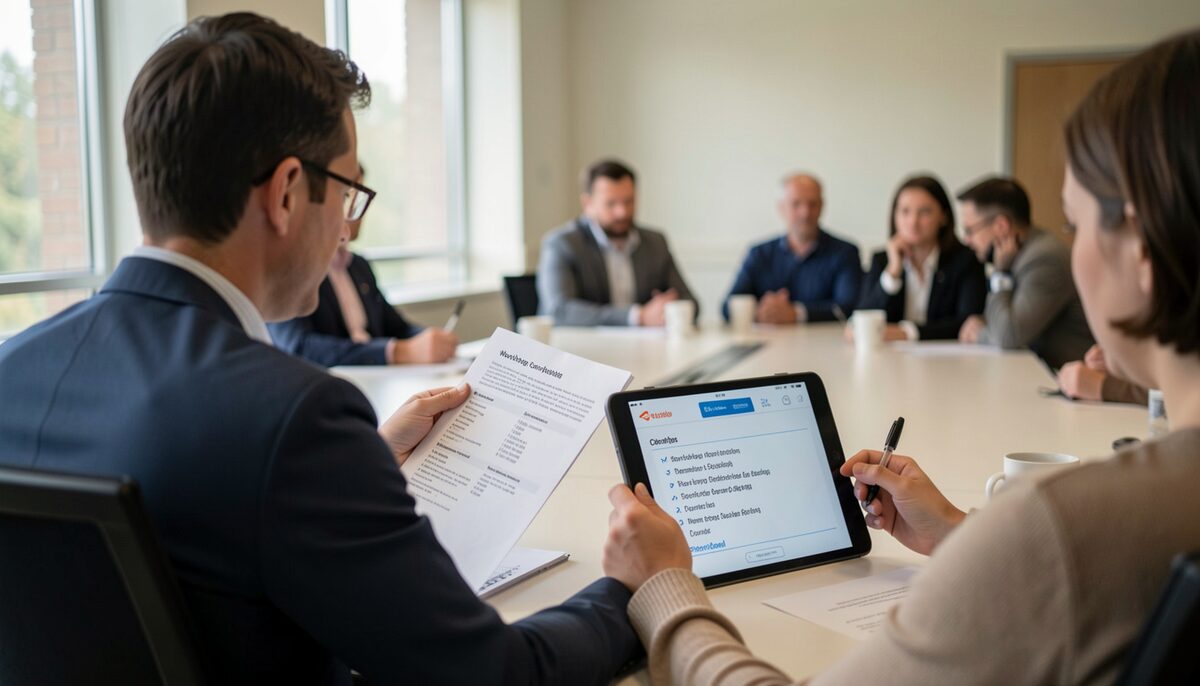 A trainer comparing a printed workshop agenda with a tablet showing a digital course outline in a conference room.