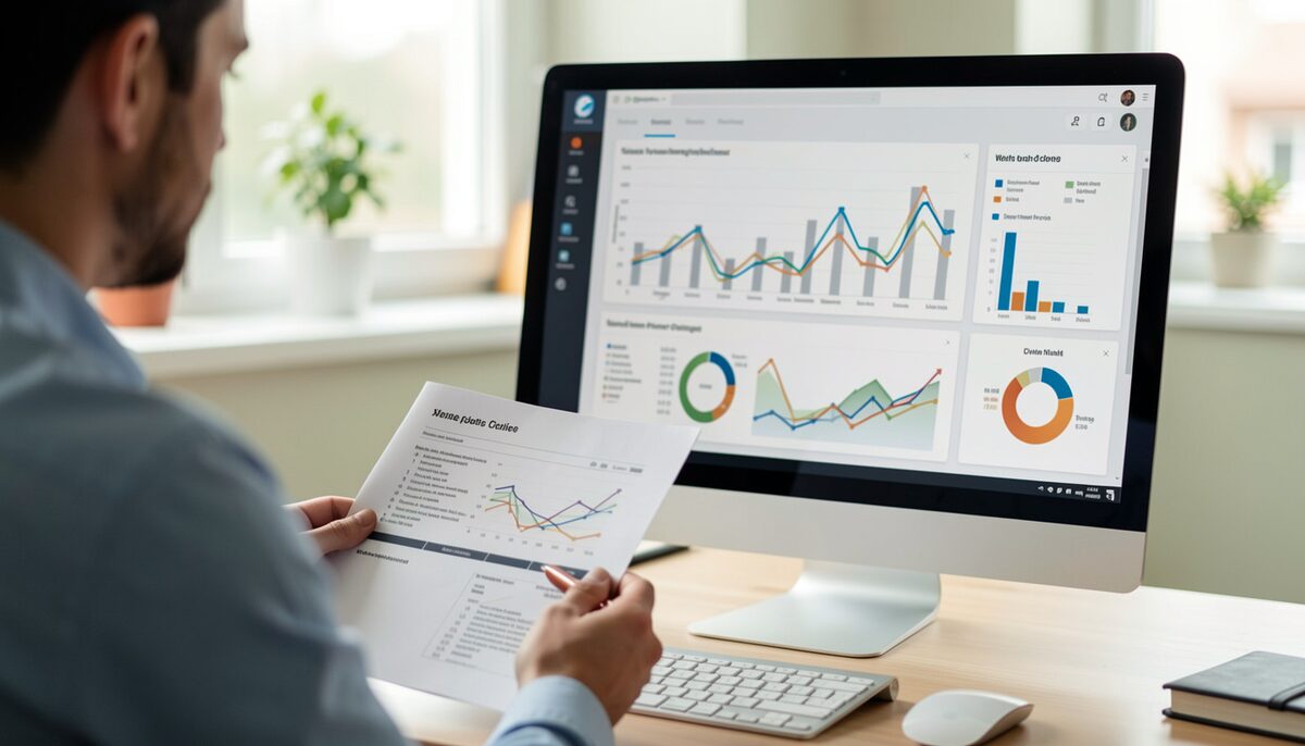 An analyst reviewing a dashboard with charts on a computer screen while holding a printed report.