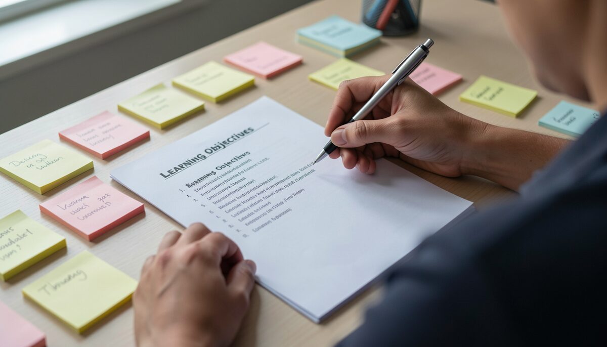 A trainer editing a printed list of learning objectives with a pen at a desk covered in sticky notes.