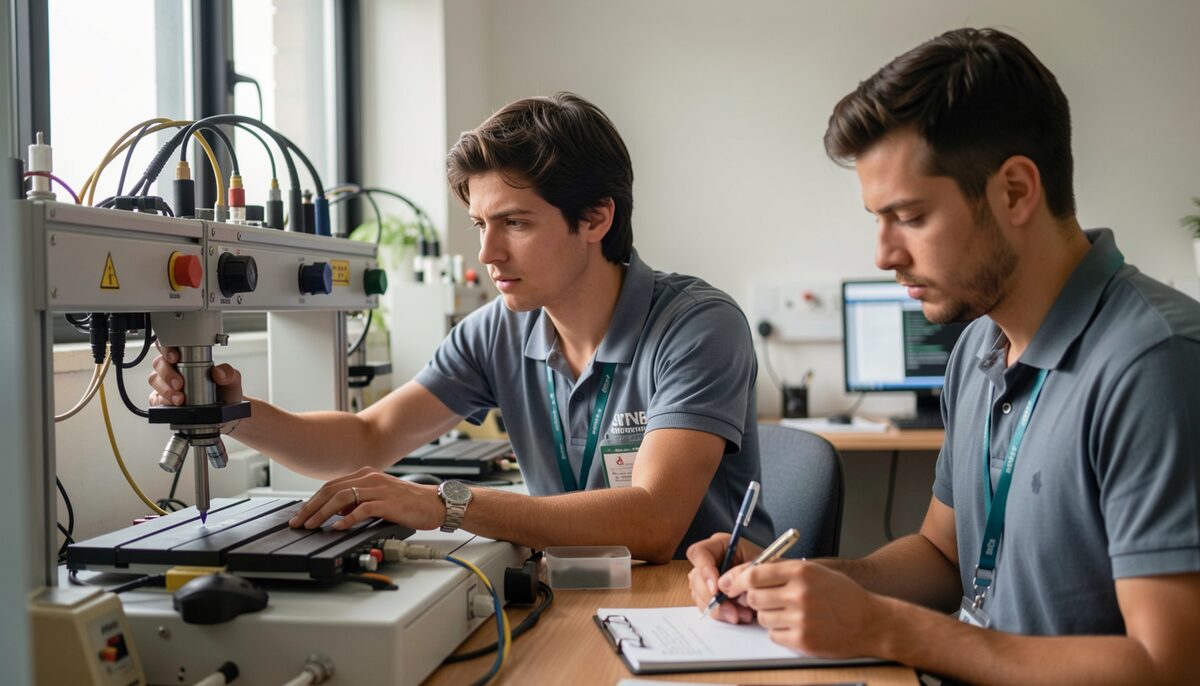 A team member applying a new procedure at a workstation while a colleague observes and takes notes.