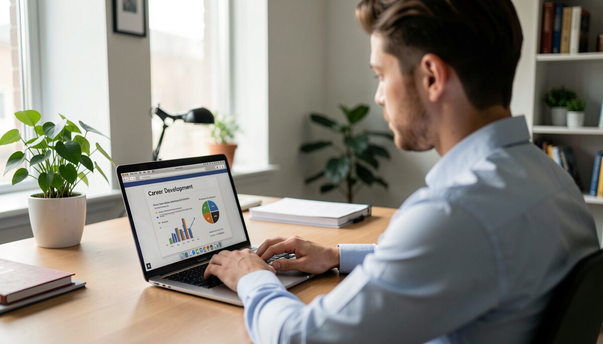 An employee looking at a career development plan on a laptop in a quiet office room.