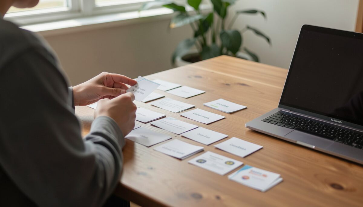 A person reviewing short lesson cards arranged in a sequence on a table next to a laptop.